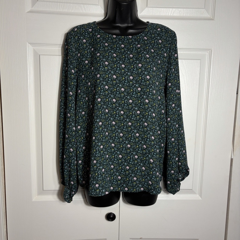LOFT Ditsy Bloom Draped Sleeve Shirt Women S Green Floral Long Sleeve Flowy Top